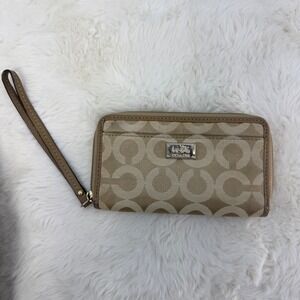 Coach Op Art Signature Canvas Wristlet Wallet‎ Beige/Tan Color Corner Zip